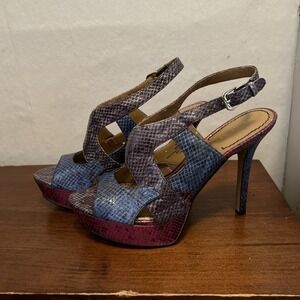 Nine West Sandals Platform Stiletto Sz 8 Faux Snake Skin Pink Grey Blue Formal